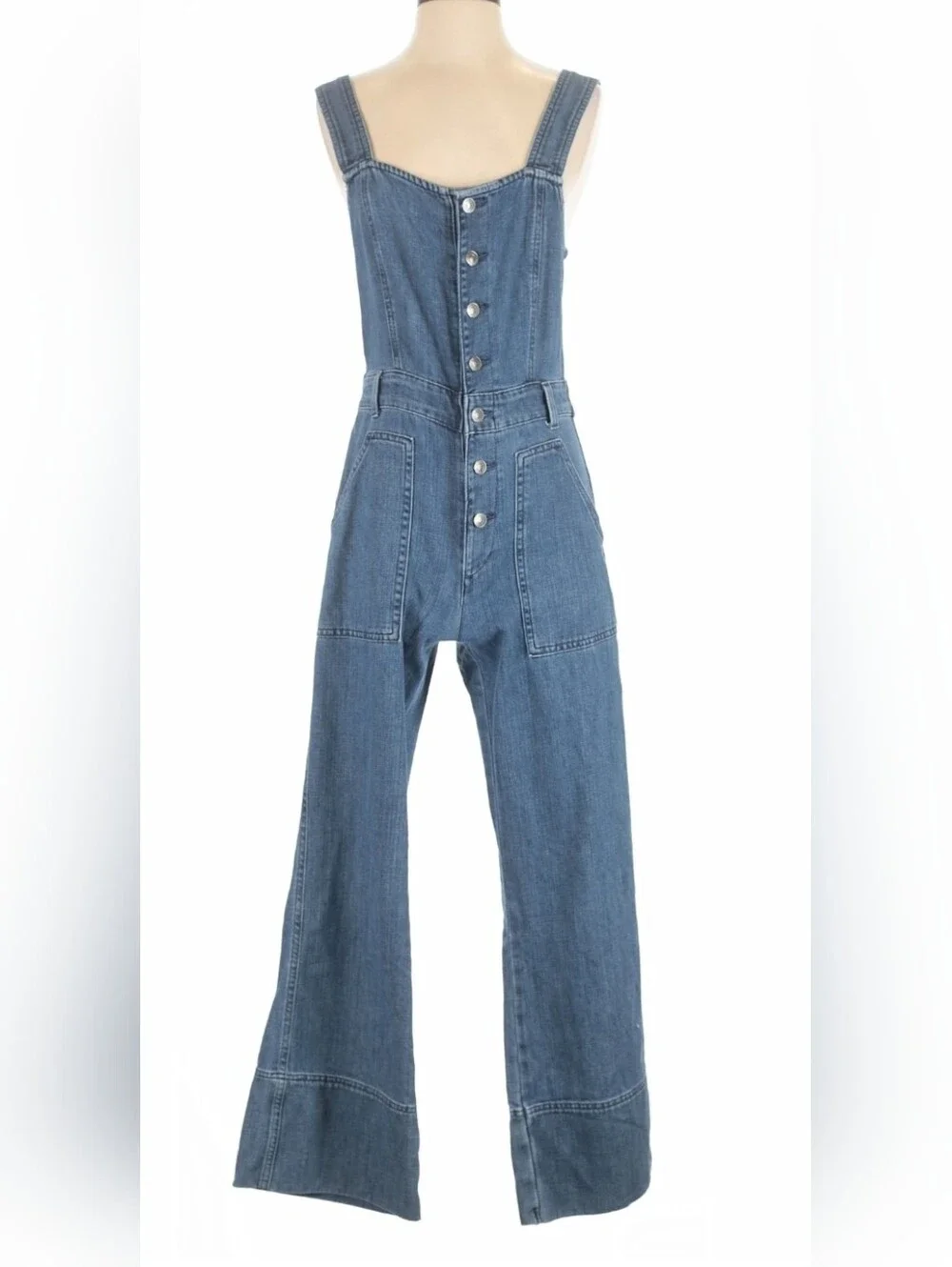 Aerie Medium Blue Button-Front Wide Leg Denim Overalls - Picture 15 of 16